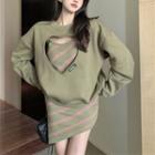 Plain Heart Cutout Loose-fit Sweatshirt / Striped Sleeveless Dress