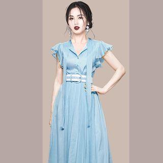 Set: Cap-sleeve Midi A-line Dress + Belt