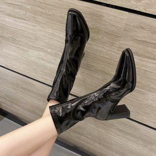 Chunky Heel Patent Short Boots