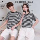 Couple Matching Striped Short-sleeve T-shirt / Wide-leg Shorts / Plain Shorts / Set