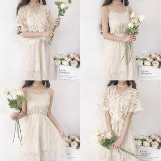 Set: Spaghetti Strap Midi Lace Dress + Bell-sleeve Lace Top
