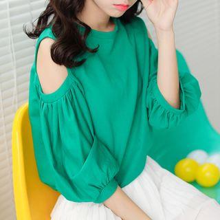 Shoulder-cutout Puff 3/4-sleeve T-shirt