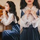 Stand Collar Lace Blouse / Embroidered Maxi A-line Velvet Pinafore Dress / Set
