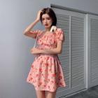 Peach Print Puff-sleeve Cropped Blouse / Mini A-line Dress