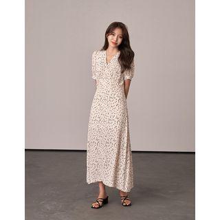 Puff-sleeve Patterned Maxi Wrap Dress