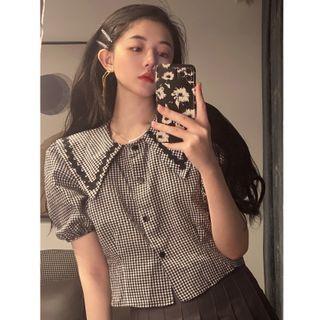 Short-sleeve Plaid Shirt Plaid - Black - One Size