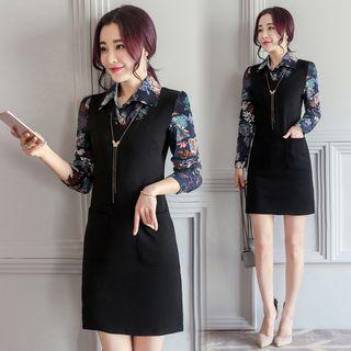 Mock Two Piece Print Shirt Panel Single Pocket Shift Dress
