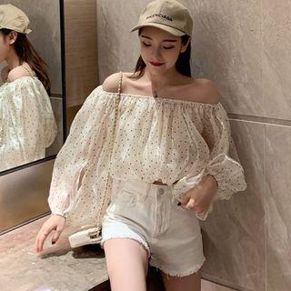 Off-shoulder Balloon-sleeve Dotted Blouse