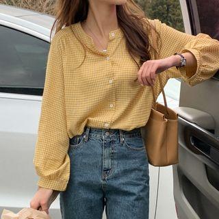 Plaid Button-up Blouse Yellow - One Size