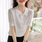 Short-sleeve Polo Neck Knit Top White - One Size