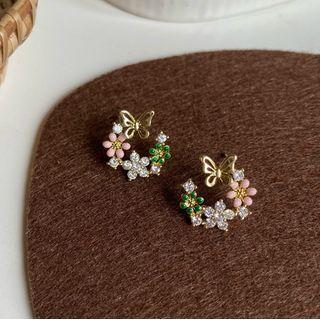 Rhinestone Butterfly & Flower Earring 1 Pair - Silver Needle - One Size