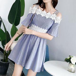 Cold-shoulder Lace Panel Striped A-line Dress