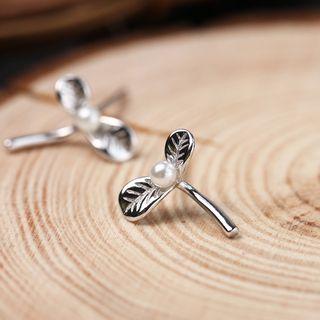 925 Sterling Silver Rhinestone Leaf Earring 1 Pair - Earrings - Silver - One Size