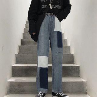Patched High-waist Straight-cut Jeans