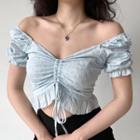 V-neck Puff-sleeve Embroidered Short-sleeve Top