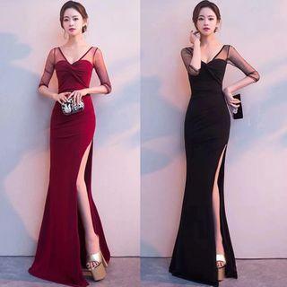 Sheer 3/4-sleeve Sheath Evening Gown