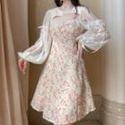 Long-sleeve Square-neck Lace Panel Floral Dress
