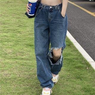 Plain Crop Tank Top / Distressed Loose Fit Jeans