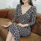 Long-sleeve V-neck Patterned Midi Sheath Dress