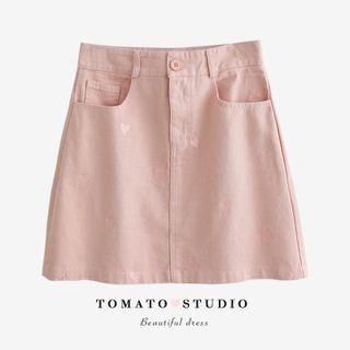 High-waist Plain Embroider A-line Mini Denim Skirt