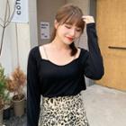 Long-sleeve Square-neck Chain Plain Knit T-shirt