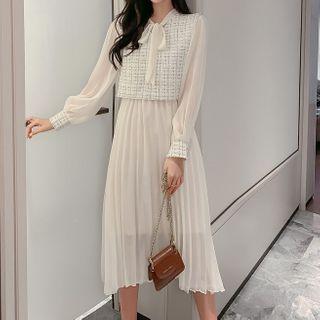 Set: Tweed Vest + Long-sleeve Midi A-line Pleated Dress