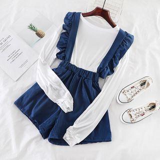 Set: Ruffle-trim Jumper Shorts + Long-sleeve Top