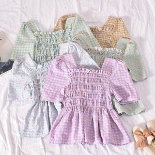 Short-sleeve Check Shirred Peplum Top
