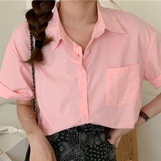 Short-sleeve Front Pocket Plain Button-up Shirt