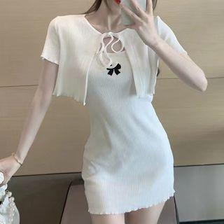 Set: Sleeveless Embroidered Knit Mini Bodycon Dress + Short-sleeve Tie-front Top