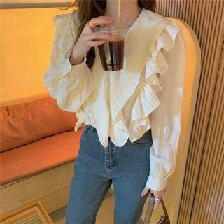 Long-sleeve V-neck Ruffle Trim Blouse Almond - One Size