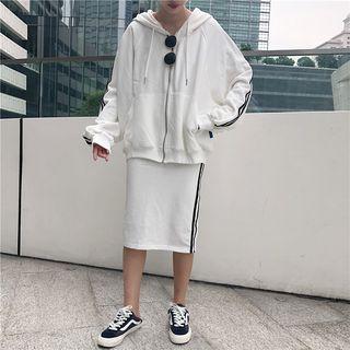 Set: Contrast-trim Zip Hooded Jacket + Midi Skirt
