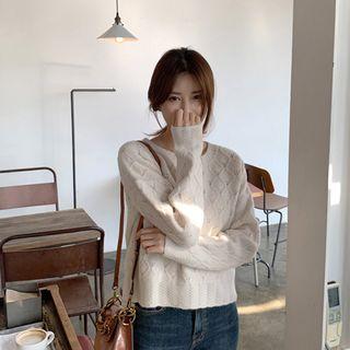 Round-neck Pointelle-knit Top Light Beige - One Size