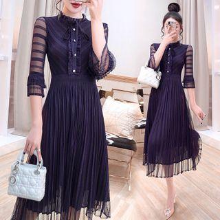 Elbow-sleeve Striped Mesh Midi A-line Dress