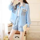 Set: Panel Long-sleeve Loose-fit Shirt + Shorts