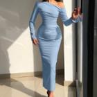 Long Sleeve Cold-shoulder Plain Ruched Maxi Bodycon Dress