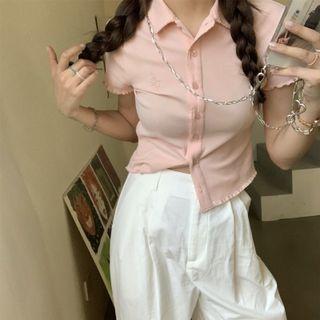 Short-sleeve Ruffled Knit Cropped Top