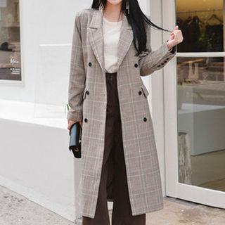 Double-breasted Checked Long Jacket With Belt