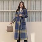 Checked Wool Blend Long Wrap Coat With Sash