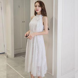 Flower Embroidered Sleeveless Midi Chiffon Dress