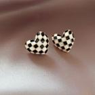 Check Heart Stud Earring 1 Pair - Silver Needle Earring - Check - Black & White - One Size