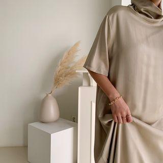 Turtleneck Long Satin Dress With Sash