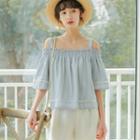 Elbow-sleeve Cold Shoulder Frill Trim Top Light Blue - One Size