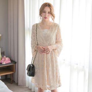 3/4 Sleeve Gather-waist Lace Dress