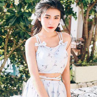 Bird Print Bow Accent Swimdress