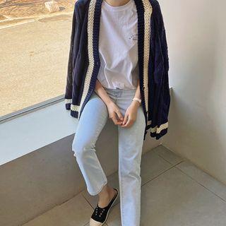 Contrast-trim Cable-knit Boxy Cardigan