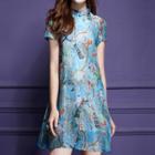 Print Short-sleeve Mandarin Collar A-line Dress