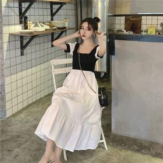 Square-neck Two-tone Midi A-line Dress