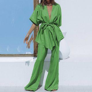 Set: Elbow-sleeve Tie-waist Top + Bell Bottom Pants