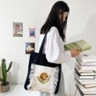 Mesh Trim Printed Canvas Shopper Bag As Shown In Figure - One Size
